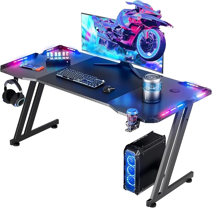 HLDIRECT 55 Inch Gaming Desk with LED Lights Carbon Fibre Surface Gaming Table Large Computer Desk Ergonomic Home Office Desks Z Shaped PC Gamer Workstations with Cup Holder & Headphone Hook Black