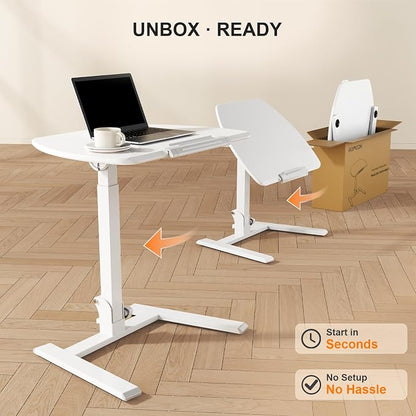 ROMOON Folding Small Standing Desk with Wheels, No-Assembly Portable Sit-Stand Laptop Cart, Adjustable Height Rolling Space Saving Workstation for Home Office, Small Space (White)