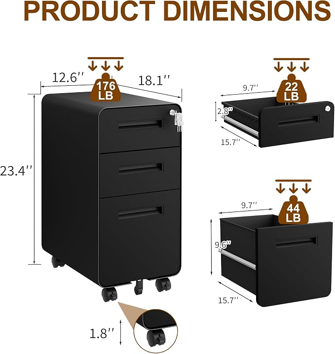 3 Drawers Slim File Cabinet, Mobile Filing Cabinet with Lock, Steel, Fully Assembled Except Casters, for Home Office, for A4, Letter, Legal File Folders, Black