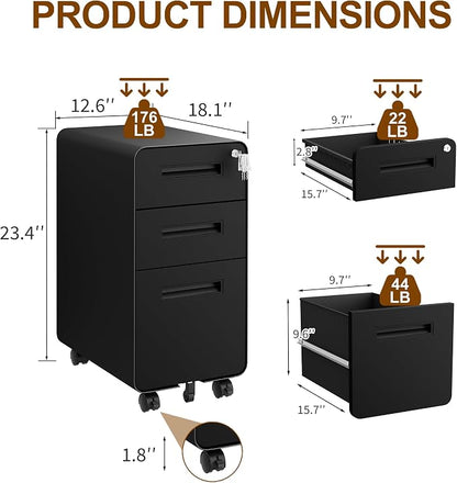 3 Drawers Slim File Cabinet, Mobile Filing Cabinet with Lock, Steel, Fully Assembled Except Casters, for Home Office, for A4, Letter, Legal File Folders, Black