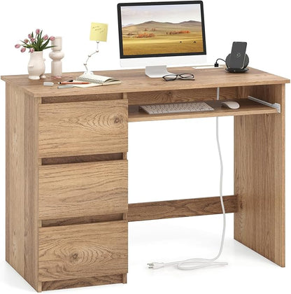 Giantex Computer Desk with Drawers, Modern Home Office Desk with Charging Station & Keyboard Tray, Laptop PC Computer Workstation, Study Writing Desk for Bedroom (Natural)