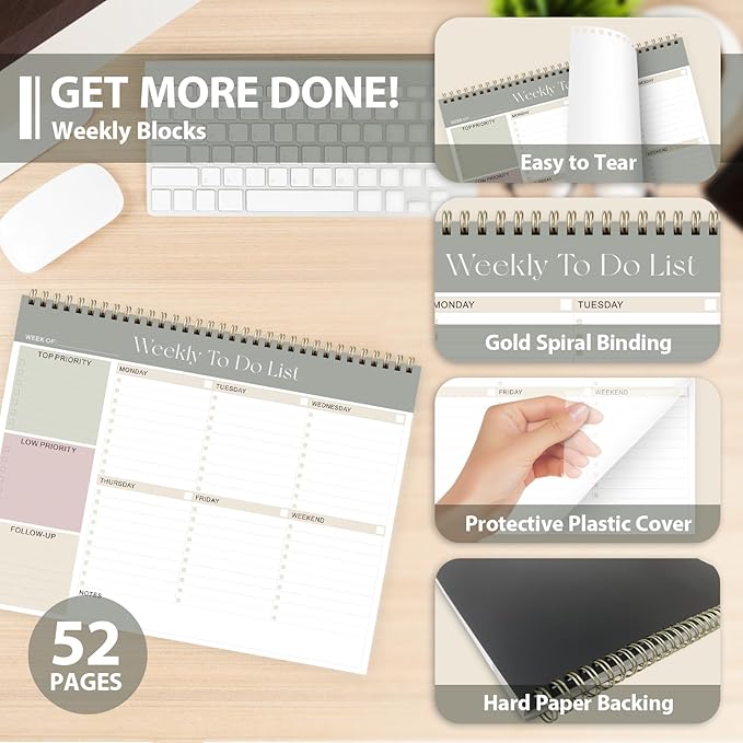 Weekly To Do List Notepad, Undated Planner with 52 Sheets (8.5''x11'') | Desk Accessories and Supplies, Women & Man, Home School & Work