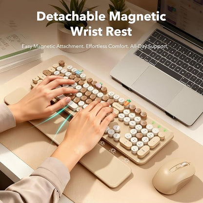 Wireless Keyboard and Mouse Combo, Round Keycaps, Full-Size Retro Typewriter-Style Keyboard with Magnetic Wrist Rest, Tilt Legs, 2.4GHz Cordless for Mac, Windows PC, Laptop, SABLUTE CK23, Latte Beige