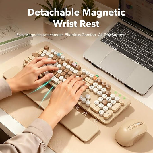 Wireless Keyboard and Mouse Combo, Round Keycaps, Full-Size Retro Typewriter-Style Keyboard with Magnetic Wrist Rest, Tilt Legs, 2.4GHz Cordless for Mac, Windows PC, Laptop, SABLUTE CK23, Latte Beige