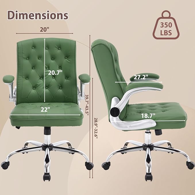 Mid-Back Office Chair, Modern Leather Ergonomic Executive Desk Chair with Flip Up Arm, Mid Century Swivel Task Chair, Small Rocking Computer Chair with Wheels for Home Office Meeting Room