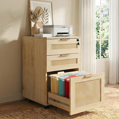 HOPUBUY 3 Drawer File Cabinet with Lock, Small Rattan Filing Cabinets with Wheels, Wood Rolling Office Storage for Under Desk Home Office,Natural