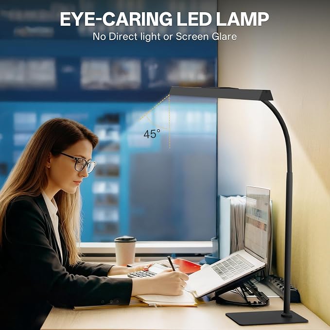 Kary LED Desk Lamp with Base,Eye-Care Architect Light for Home Office,12W Task Lamp with Adjustable Flexible Gooseneck USB Adapter Touch Control 5 Dimmable Color & Brightness Tall Lamp for Work,Study