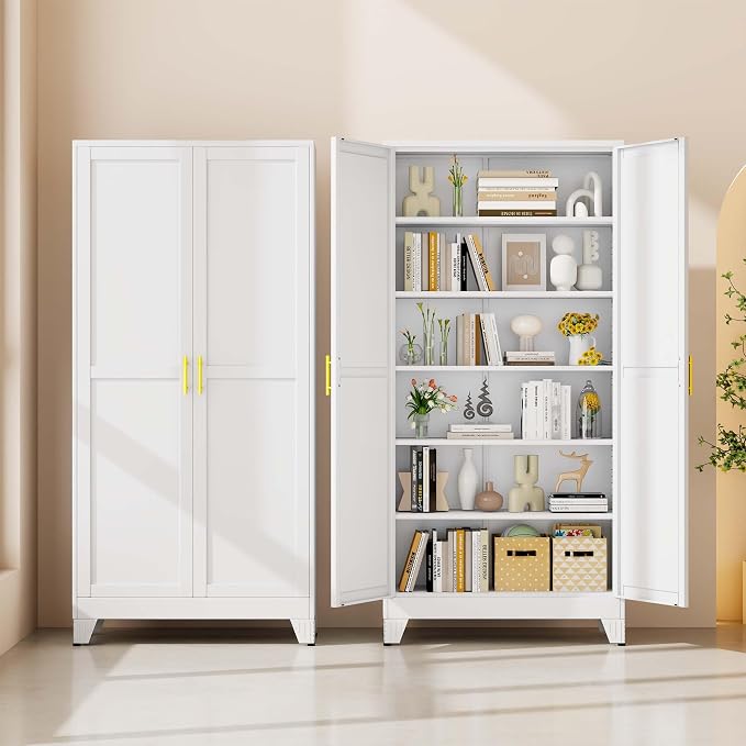 pozdeg 75" Tall Metal Storage Cabinet with 2 Doors & 5 Adjustable Shelves, Widen Steel File Cabinet Multipurpose Organizer for Home Office Garage (White)