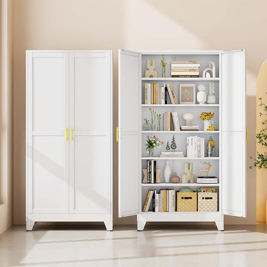 pozdeg 75" Tall Metal Storage Cabinet with 2 Doors & 5 Adjustable Shelves, Widen Steel File Cabinet Multipurpose Organizer for Home Office Garage (White)