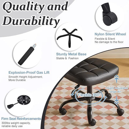 VINGLI Compact Small Desk Chair, Cute Armless Chair with Wheels, Vanity Chair with Low Back, Height Adjustable Task Chair for Small Spaces, Office, Bedroom, Make Up Room, PU Leather, Black