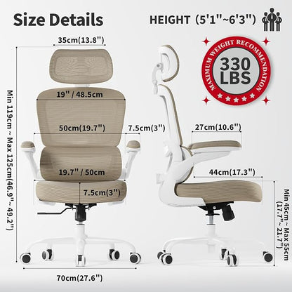 TRALT Ergonomic Office Chair - Desk Chair with Adjustable Headrest Lumbar Support Computer Chair - Mesh Comfy Chair with Flip-up Armrests - Gaming Chairs for Adults Home Office (PU Leather,Khaki)