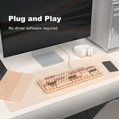 MOWUX Computer Keyboard Wired, Plug Play USB Retro Round Typewriter Keyboard, Full Size Wired Keyboard with Foldable Stands for Laptop and Office PC- Milk Tea Colorful