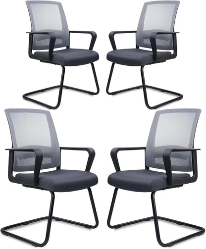 CLATINA Waiting Room Chairs with Armrests and Adjustable Lumbar Support, Breathable Mesh Back Desk Chair No Wheels, Office Guest Chairs & Reception Chair for Conference Room, Grey, 4PK