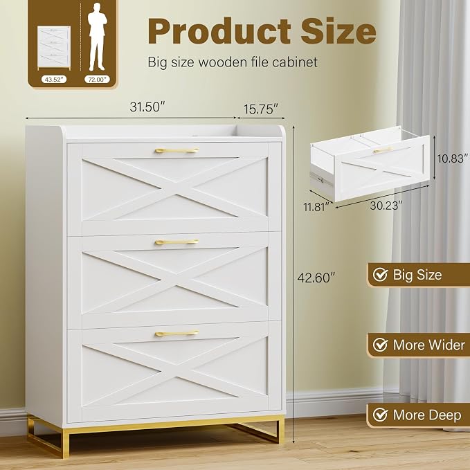 Halitaa File Cabinet 3 Drawers Lateral File Cabinet with Charging Station for Letter/Legal/A4 Size Hanging Files, Large Wood File Storage Cabinets Printer Stand for Home Office, White and Gold