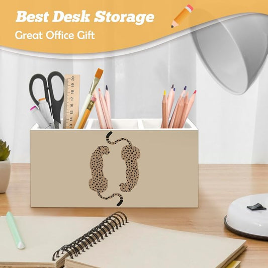 Trendy Retro Leopard Pen Holder Organizer for Desk Accessories, Rustic Neutral Cheetah Wild Animals Wooden Box Sign Desk Decorations for School Girly Room Dorm Decor