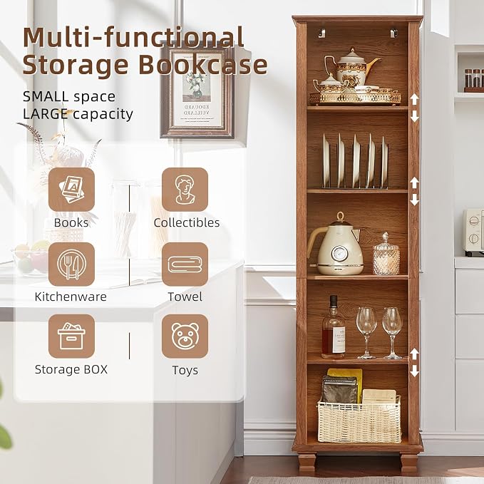 SAVOR LIFE Narrow Brown Book Shelf, 70" Tall Skinny Bookshelf with Adjustable Shelves & Wooden Legs, Farmhouse Wood Bookcase w/5-Tier Open Storage, Free Standing Book Case for Office, Living Room