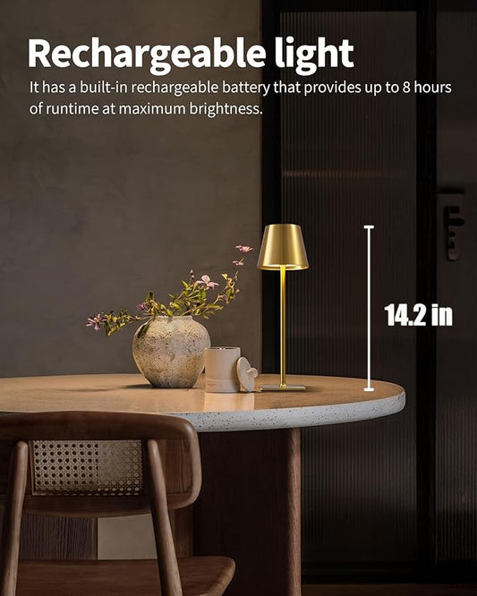KDG 2 Pack Cordless Table Lamp,Portable LED Desk Lamp, 4000mAh Battery Operated, 3 Color Stepless Dimming Up, for Restaurant/Bedroom/Bars/Outdoor Party/Camping/Coffee Shop Night Light(Gold)