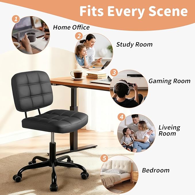 Armless Home Office Desk Chair - Small Swivel Office Desk Chairs with Rolling Wheels - Height Adjustable PU Leather Computer Chair with Comfy Low Back - For Small Space, Bedroom, Home, Vanity - Black