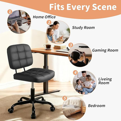 Armless Home Office Desk Chair - Small Swivel Office Desk Chairs with Rolling Wheels - Height Adjustable PU Leather Computer Chair with Comfy Low Back - For Small Space, Bedroom, Home, Vanity - Black