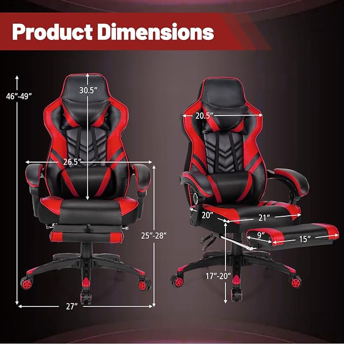 Goplus Gaming Chair, Computer Chair with Footrest and Lumbar Support, Height Adjustable Executive Swivel Rolling Task Chair with 90°-155° Tilt Function (Red)
