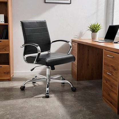 LeisureMod Benmar Leather Office Desk Chair, Mid-Back Ergonomic Swivel Chair with Lumbar Support, Adjustable Height, Tilt Lock, Cushioned Seat & Back, Home Office Task Chair (Black, Set of 2)