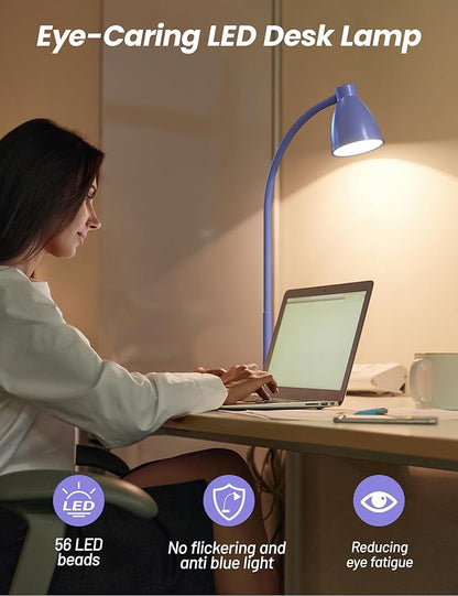 BOHON LED Desk Lamp with USB Charging Port, 3 Color Modes Dim, Lilac Purple | Reading Lamp, Auto Dimming Task Lamp, Flexible Neck Table Light for Office Dorm Bedside, Adapter Include