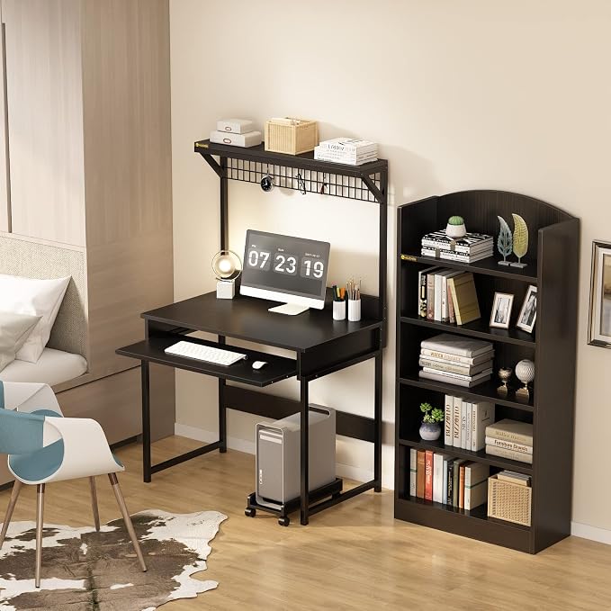 Computer Desk with Hutch and Storage Shelves，31.5 Inch Desk with Keyboard Tray and Metal Mesh Panel, Small Study Writing Workstation Bookshelf for Home Office, Brown