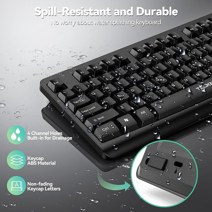 TECKNET Wireless Keyboard and Mouse Combo, Full-Size Ergonomic Keyboard & Optical Mouse, Low-Noise Typing & Clicking,Long Battery Life,Spill-Resistant,2.4G Lag-Free USB Receiver for PC,Laptop,Computer