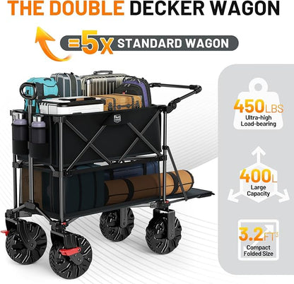 TIMBER RIDGE Push & Pull Double Decker Wagon, 400L Large Capacity Heavy Duty & 450lb Load, Collapsible Cart with All-Terrain Wheels & Brakes, 54” Extended Foldable for Sports, Beach, Camping, Black