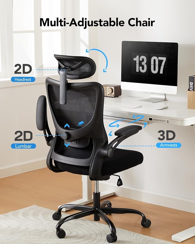 HUANUO Ergonomic Office Chair, High Back Computer Desk Chair with Adjustable Lumbar Support and Headrest, Comfy Gaming Chair with 3D Armrests, Home Office Rolling Chair, Max Load 300 lbs, Pack of 6