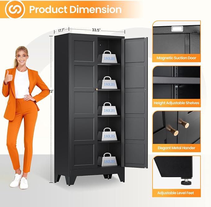 72" Tall Kitchen Cabinet Storage Unit With 2 Doors and 4 Adjustable Shelves, Metal Black Freestanding Cupboard, 5 Tier Kitchen Pantry Storage Cabinet for Kitchen Dining/Living Room/Garage/Home/Office