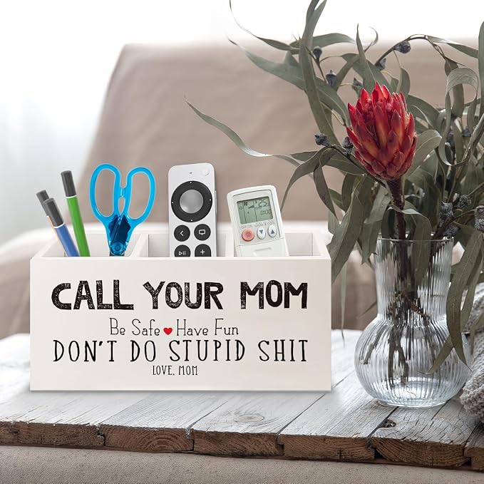 Funny Call Your Mom Wooden Pen Pencil Holder for Office Desk Accessories, Gifts for Freshman Son Daughter College Students Makeup Brush Toothbrush Holder Organizer for Bathroom