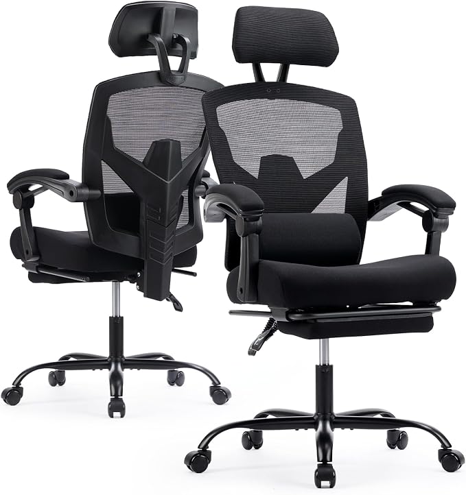 Ergonomic Office Chair with Footrest, High Back Home Desk Computer Chair with Lumbar Support & Headrest, 90-135° Reclining Mesh Back with Wheels for Work, Gaming, Black