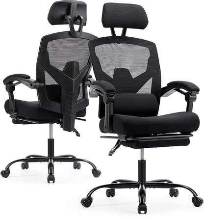 Ergonomic Office Chair with Footrest, High Back Home Desk Computer Chair with Lumbar Support & Headrest, 90-135° Reclining Mesh Back with Wheels for Work, Gaming, Black