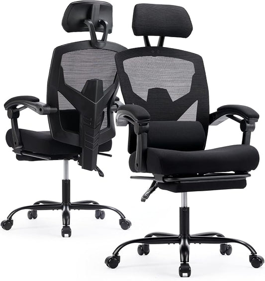 Ergonomic Office Chair with Footrest, High Back Home Desk Computer Chair with Lumbar Support & Headrest, 90-135° Reclining Mesh Back with Wheels for Work, Gaming, Black