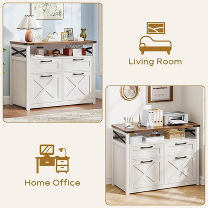 Farmhouse 4 Drawer File Cabinet with Open Storage Shelf, Lateral Filing Cabinet Fits Letter/A4/ Size, Home Office Filing Organizer, Document Storage Printer Stand for Home and Office,Uunique White