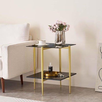 LumFurn Glass End Table, Mid-Century Modern Design Sofa Table, for Living Room, L18 x W18 x H23 in, Grey Glass Top and Black Marble Finish Wood Shelf, Sleek Conical Metal Legs with Gold Finish Frame