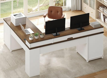RALGEND Farmhouse 69" Executive L Shaped Desk with Drawer, Home Office Desk with Charging Station, Corner Computer Desk with Monitor Stand, File Drawer, Storage Cabinet, White and Walnut