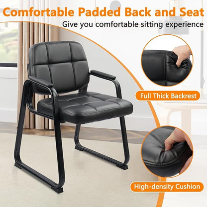CLATINA Waiting Room Chairs no Wheels with Padded Arms Leather Guest Chair for Office Reception and Conference Desk with Sled Base Black, 8PK