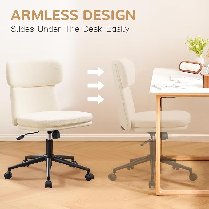 Furniliving Armless Office Chair, Upholstered Chenille Desk Chair with Wheels, Adjustable Swivel Computer Vanity Chair with Double-Layer Cushion, Beige