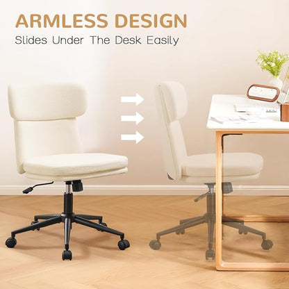 Furniliving Armless Office Chair, Upholstered Chenille Desk Chair with Wheels, Adjustable Swivel Computer Vanity Chair with Double-Layer Cushion, Beige