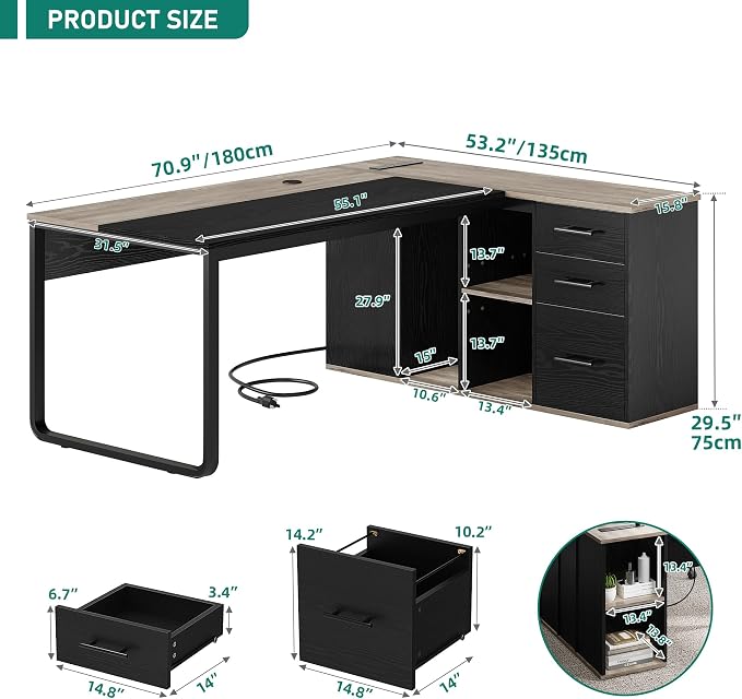 DWVO 71" Executive Desk with Power Outlets, L Shaped Executive Desk with File Cabinet, Computer Desk with Drawers & Storage Shelves, Corner Office Desk with Bookshelf for Home Office, Grey + Black