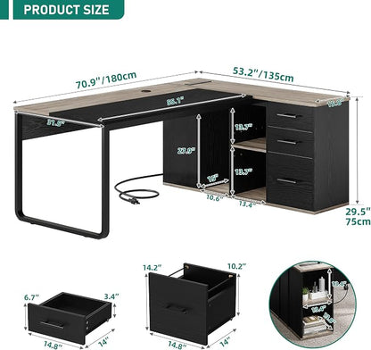 DWVO 71" Executive Desk with Power Outlets, L Shaped Executive Desk with File Cabinet, Computer Desk with Drawers & Storage Shelves, Corner Office Desk with Bookshelf for Home Office, Grey + Black
