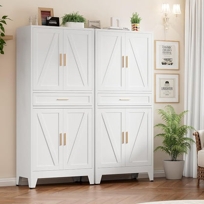 Metal Storage Cabinets with Drawer, 71" Filing Cabinet with 4 Adjustable Shelves & 4 Doors, Modern Abstract Rhombus Geometric Design File Cabinet for Home,Office,Garage,Shop,School, White