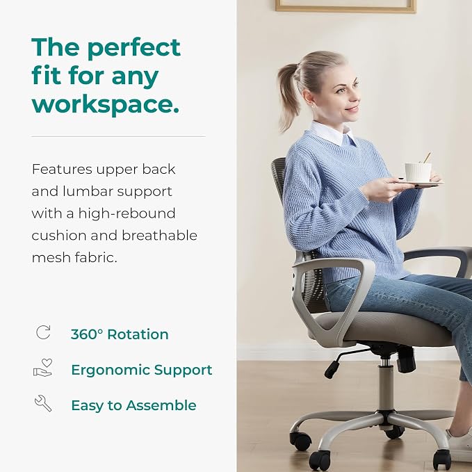 OLIXIS Home Office Chair, Mid Back Computer Ergonomic Mesh Desk with Large Seat, Executive Height Adjustable Swivel Task with Lumbar Support and Armrest, for Adults, Grey