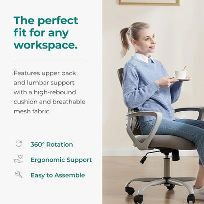 OLIXIS Home Office Chair, Mid Back Computer Ergonomic Mesh Desk with Large Seat, Executive Height Adjustable Swivel Task with Lumbar Support and Armrest, for Adults, Grey