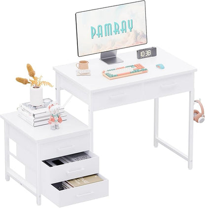Pamray 47 inch Computer Desk with 5 Drawers and Printer Space for Office | Ample Storage, Space-saving, Easy Assembly, Sturdy, Suitable for Home Office, Study and Writing, Bedroom and Dorms