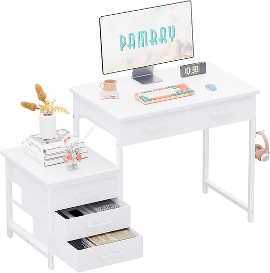 Pamray 47 inch Computer Desk with 5 Drawers and Printer Space for Office | Ample Storage, Space-saving, Easy Assembly, Sturdy, Suitable for Home Office, Study and Writing, Bedroom and Dorms