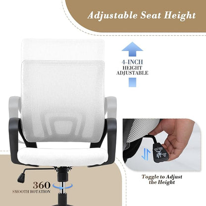 Athena Collection Computer Office Chair Set of 2, Ergonomic Desk Chair with Rolling Wheels, Mesh Back Support and Height Adjustable, Small and Comfy for Home Office, Study, White