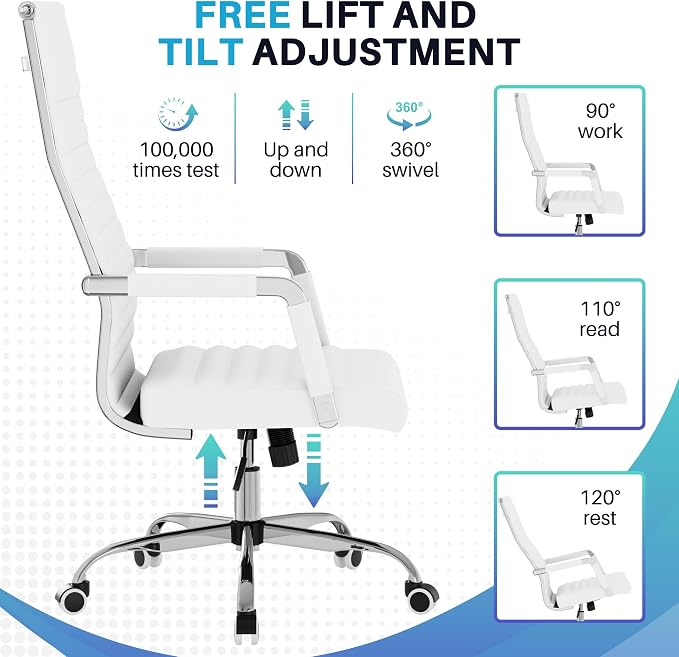 Shahoo Ribbed Office Chair, High-Back PU Leather Office Chair Executive Task Chair with 360° Swivel Wheels for Conference Room, Home Offices (White)